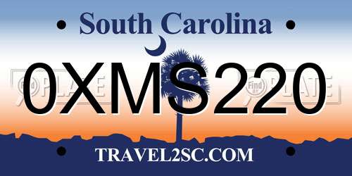 0XMS220 South Carolina License Plate