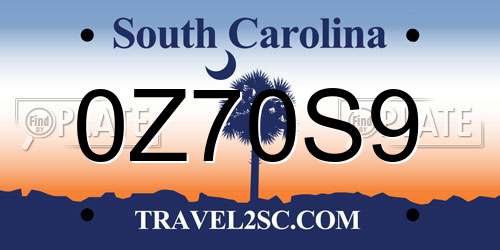 0Z70S9 South Carolina License Plate