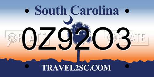 0Z92O3 South Carolina License Plate
