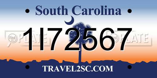 1I72567 South Carolina License Plate