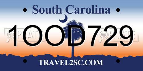 1OOD729 South Carolina License Plate