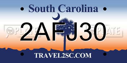 2AFJ30 South Carolina License Plate