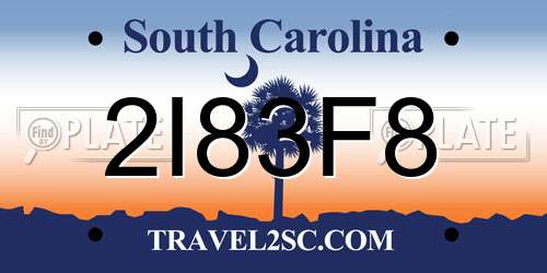 2I83F8 South Carolina License Plate