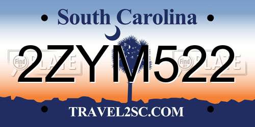 2ZYM522 South Carolina License Plate