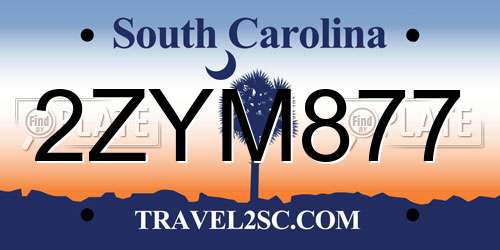 2ZYM877 South Carolina License Plate