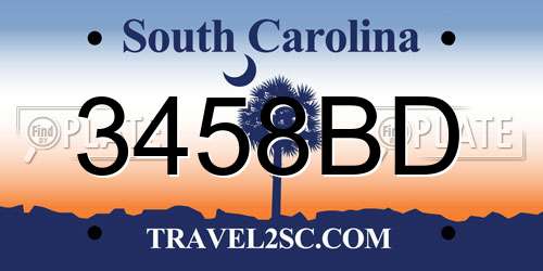 3458BD South Carolina License Plate