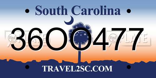 36OO477 South Carolina License Plate