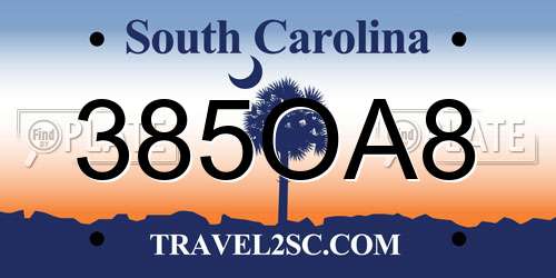 385OA8 South Carolina License Plate