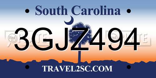 3GJZ494 South Carolina License Plate