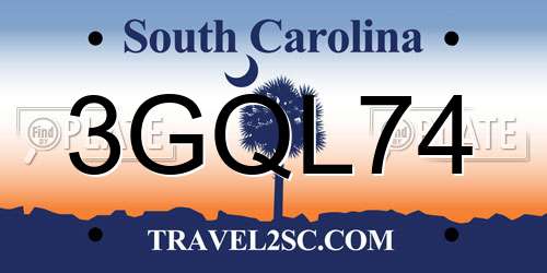 3GQL74 South Carolina License Plate