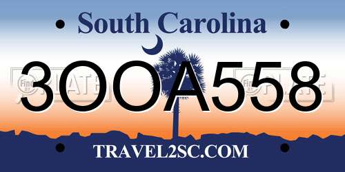3OOA558 South Carolina License Plate