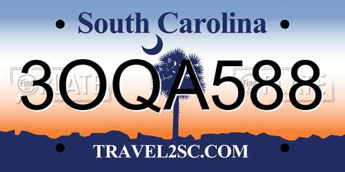 3OQA588 South Carolina License Plate