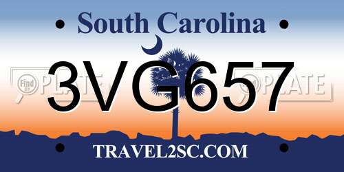 3VG657 South Carolina License Plate