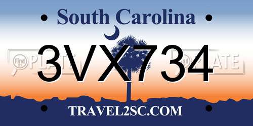 3VX734 South Carolina License Plate
