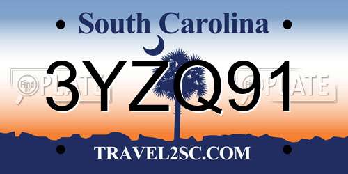 3YZQ91 South Carolina License Plate