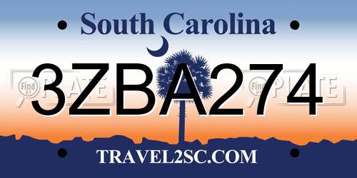 3ZBA274 South Carolina License Plate