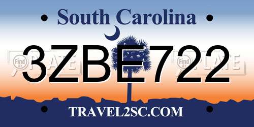 3ZBE722 South Carolina License Plate
