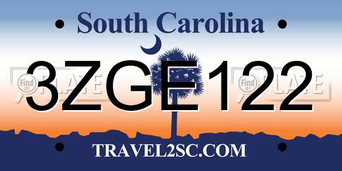 3ZGE122 South Carolina License Plate