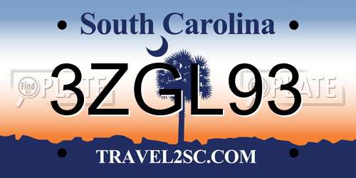 3ZGL93 South Carolina License Plate