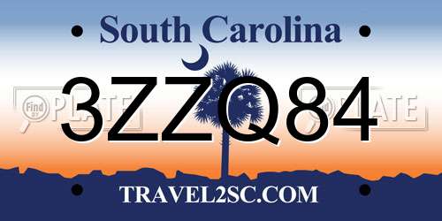 3ZZQ84 South Carolina License Plate