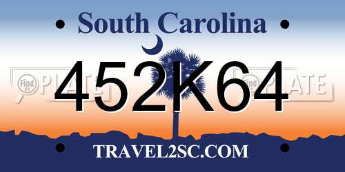452K64 South Carolina License Plate