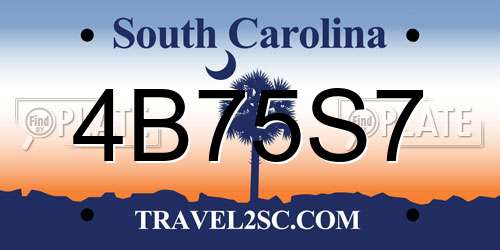 4B75S7 South Carolina License Plate