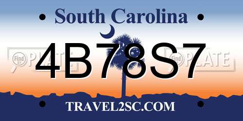 4B78S7 South Carolina License Plate