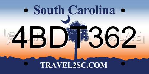 4BDT362 South Carolina License Plate
