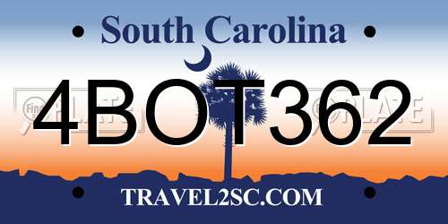 4BOT362 South Carolina License Plate
