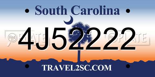 4J52222 South Carolina License Plate