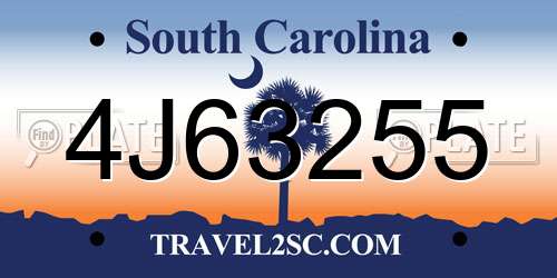 4J63255 South Carolina License Plate