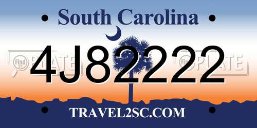 4J82222 South Carolina License Plate