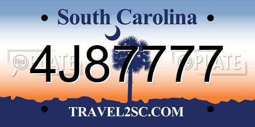 4J87777 South Carolina License Plate