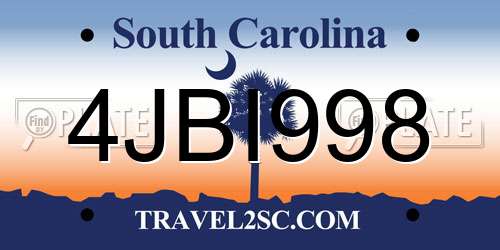 4JBI998 South Carolina License Plate