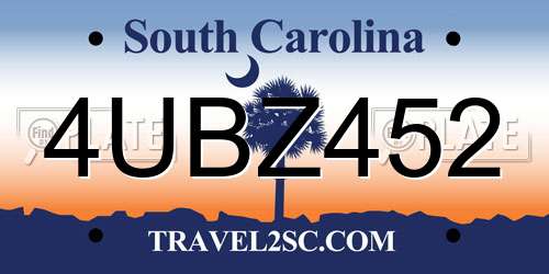4UBZ452 South Carolina License Plate
