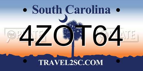 4ZOT64 South Carolina License Plate
