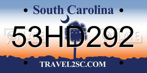 53HD292 South Carolina License Plate