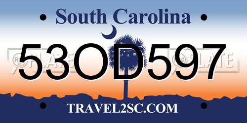 53OD597 South Carolina License Plate