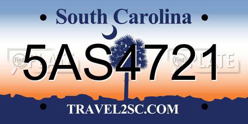 5AS4721 South Carolina License Plate