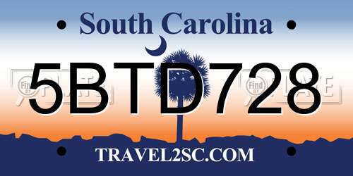 5BTD728 South Carolina License Plate