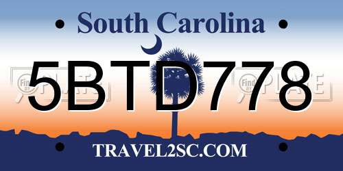 5BTD778 South Carolina License Plate