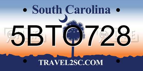 5BTO728 South Carolina License Plate