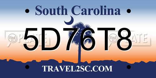 5D76T8 South Carolina License Plate