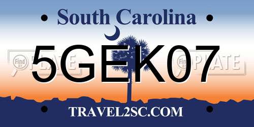 5GEK07 South Carolina License Plate