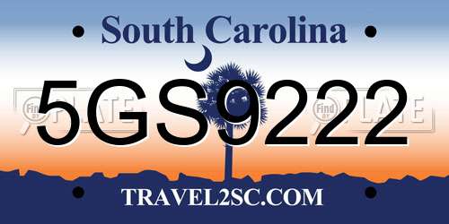 5GS9222 South Carolina License Plate