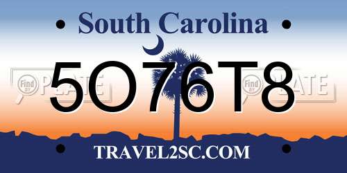 5O76T8 South Carolina License Plate