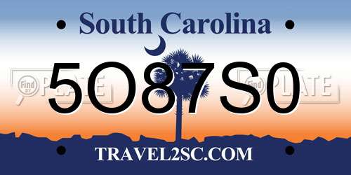 5O87S0 South Carolina License Plate