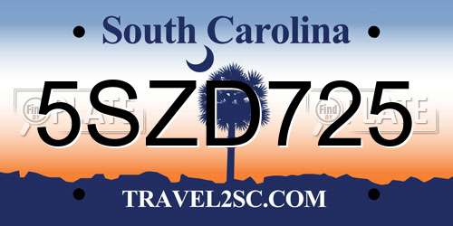 5SZD725 South Carolina License Plate