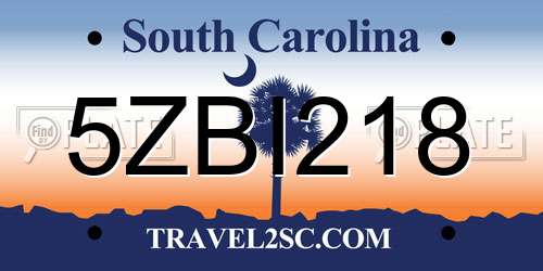 5ZBI218 South Carolina License Plate