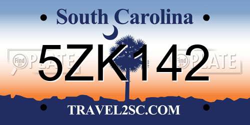 5ZK142 South Carolina License Plate